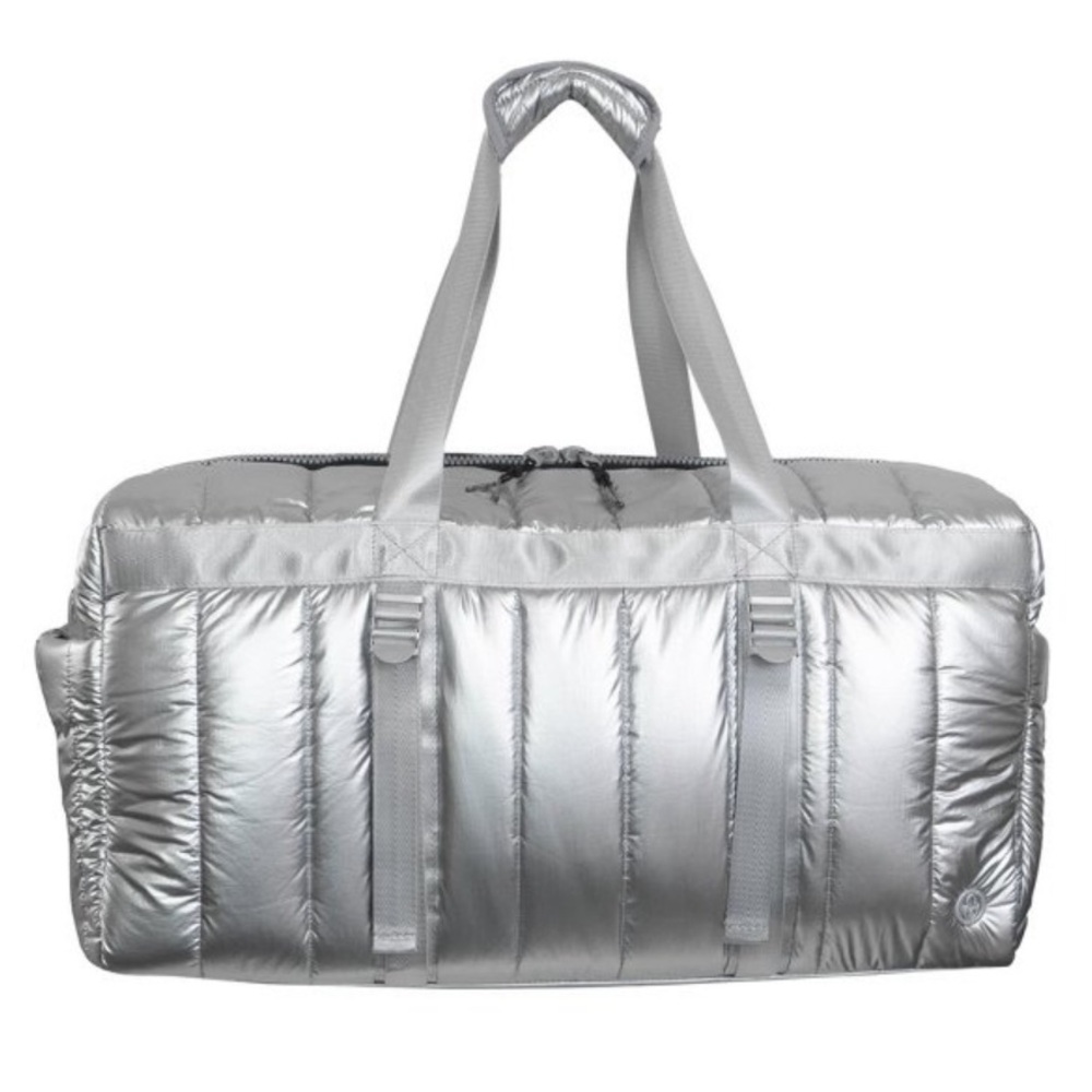 Joan&David The Orion 22” SilverMetallic Puffer Tubular Quilted Weekender ToteNWT